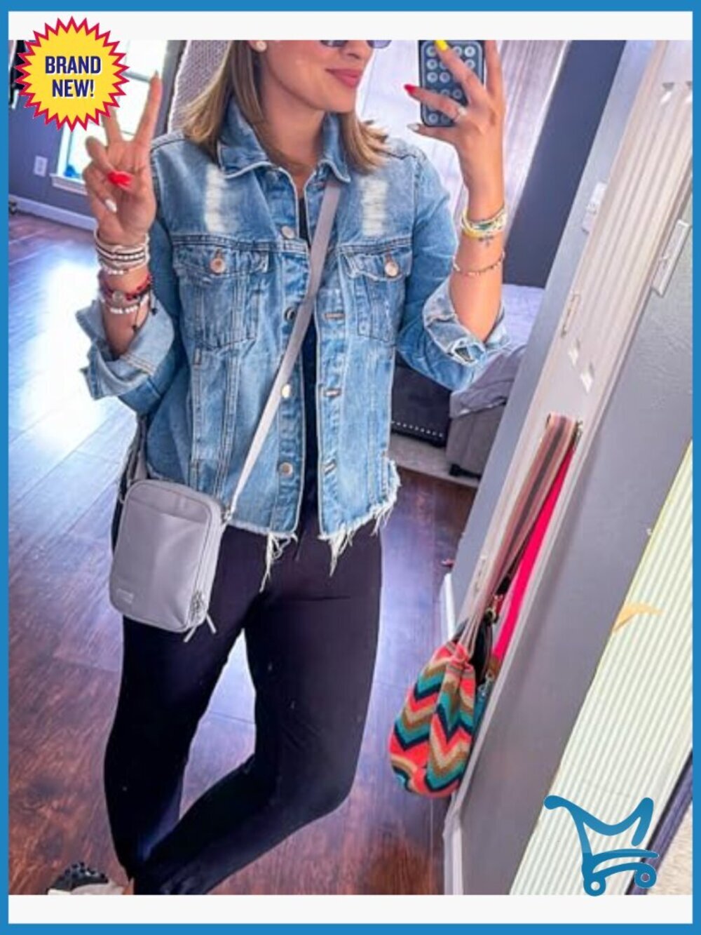 Distressed Frayed Ripped Denim Jacket with Pockets Button Down - Picture 5 of 7